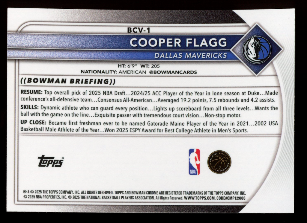 COOPER FLAGG 2025-26 Bowman Chrome Rookie Steel Metal Refractor /100 #BCV-1