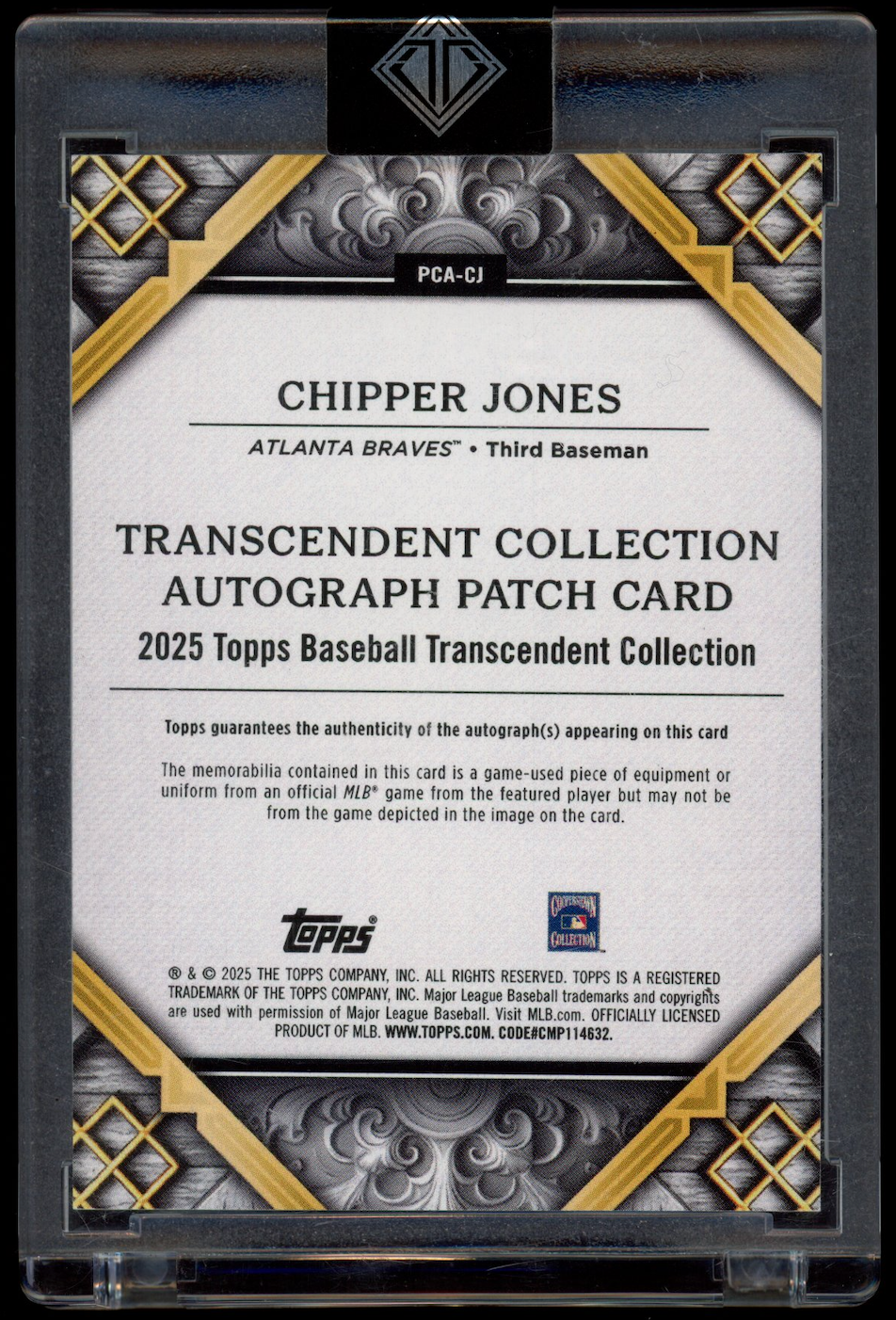 CHIPPER JONES 2025 Topps Transcendent Patch Auto Emerald /5 #PCA-CJ Braves