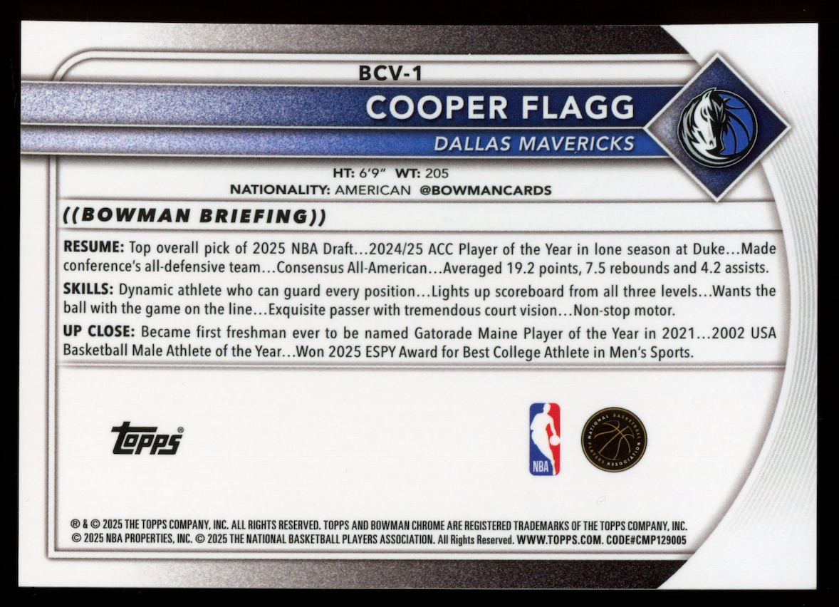 COOPER FLAGG 2025-26 Bowman Chrome Variation Rookie Rose Gold /15 #BCV-1