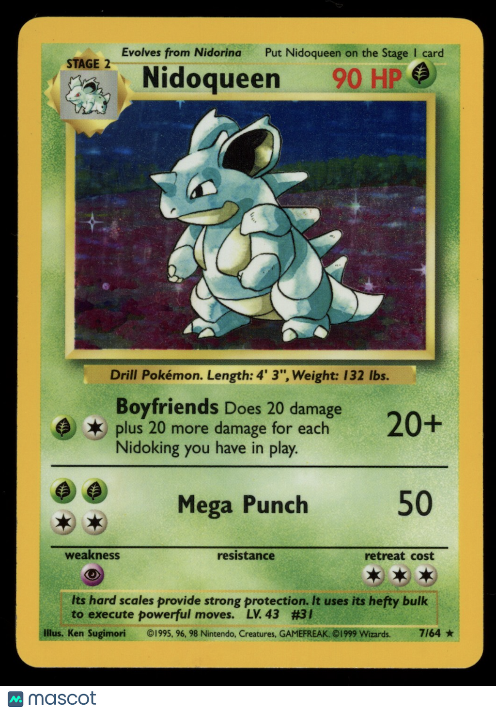 NIDOQUEEN 1999 Pokemon Jungle #7/64 Holo Rare Missing Symbol Error