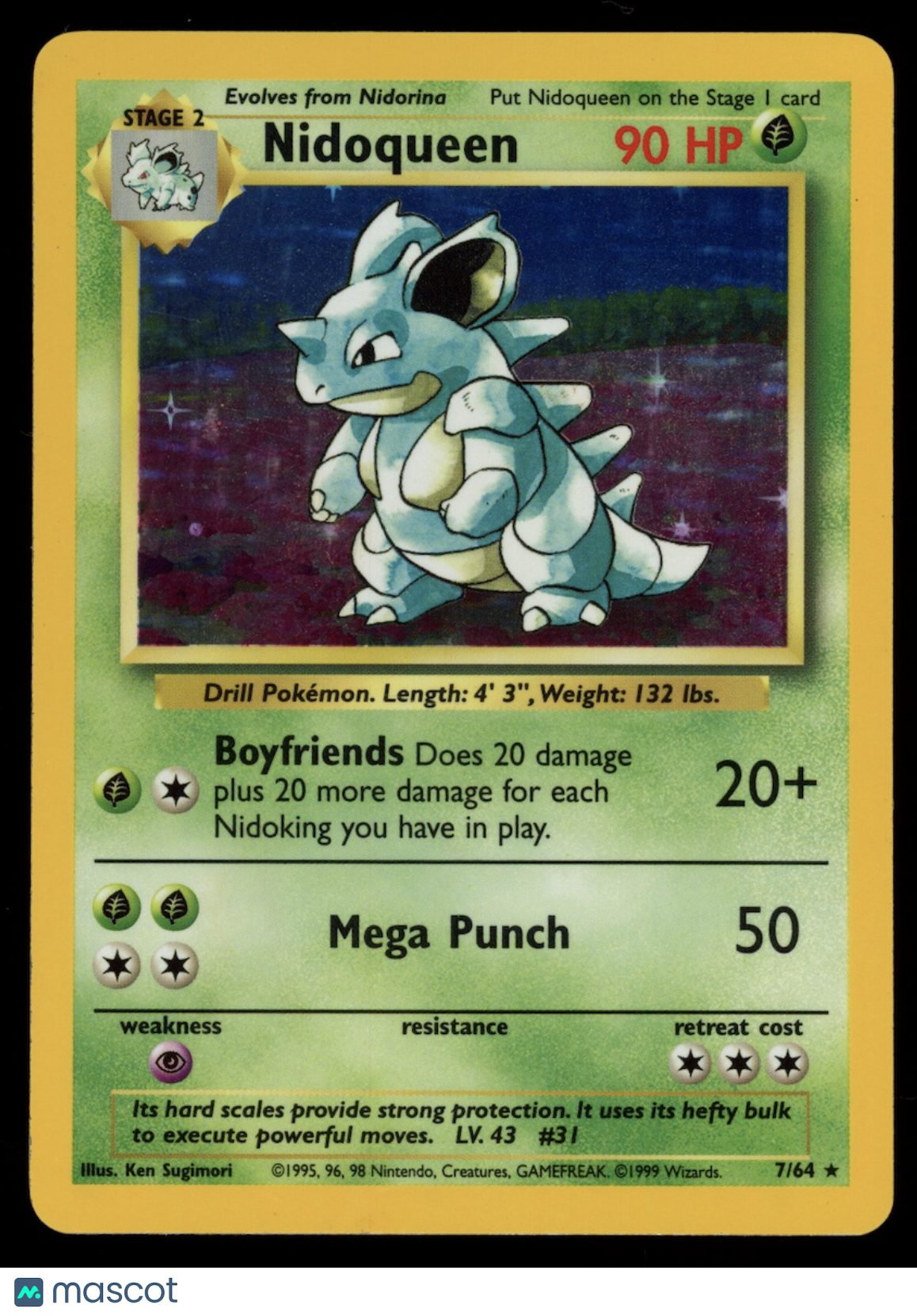 NIDOQUEEN 1999 Pokemon Jungle #7/64 Holo Rare Missing Symbol Error