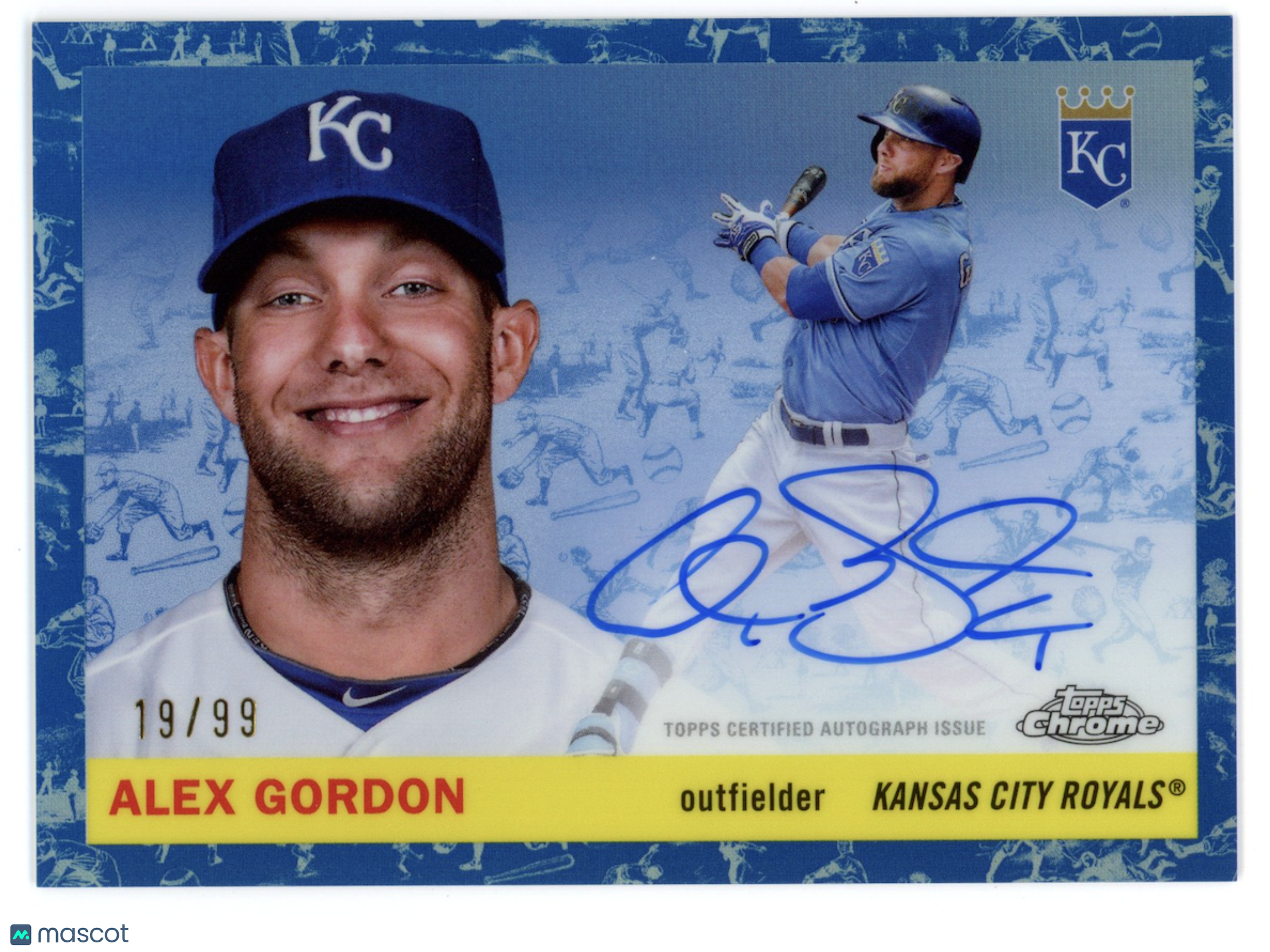 ALEX GORDON 2025 Topps Chrome Platinum Blue Toile Auto /99 #CPA-AG Royals