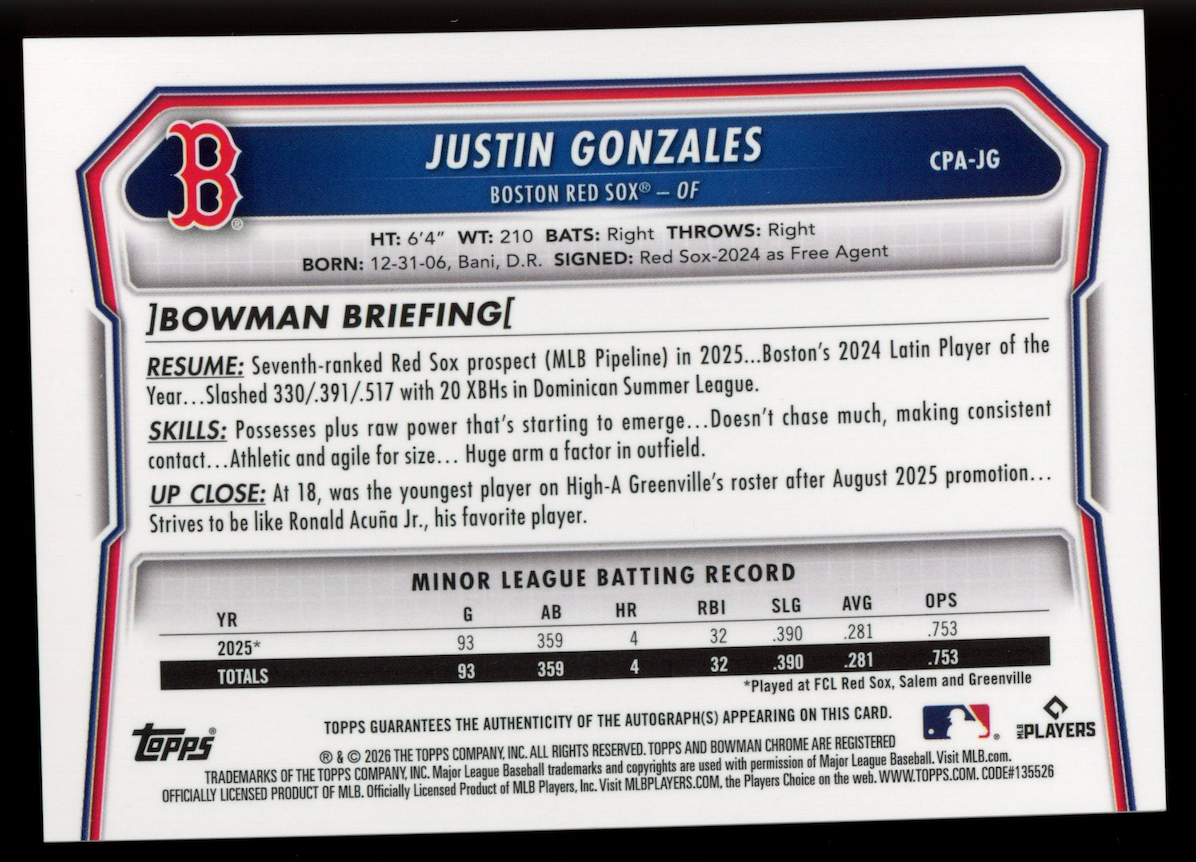 JUSTIN GONZALES 2026 Bowman Chrome Auto Purple Refractor /250 #CPA-JG Red Sox