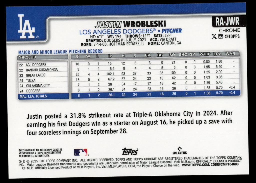 JUSTIN WROBLESKI 2025 Topps Chrome Blue RayWave Rookie Auto /150 #RA-JWR Dodgers