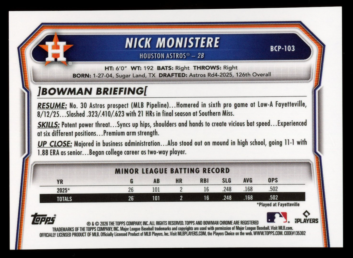 NICK MONISTERE 2026 Bowman Chrome 1st Prospect Red Lava Refractor /5 #BCP-103