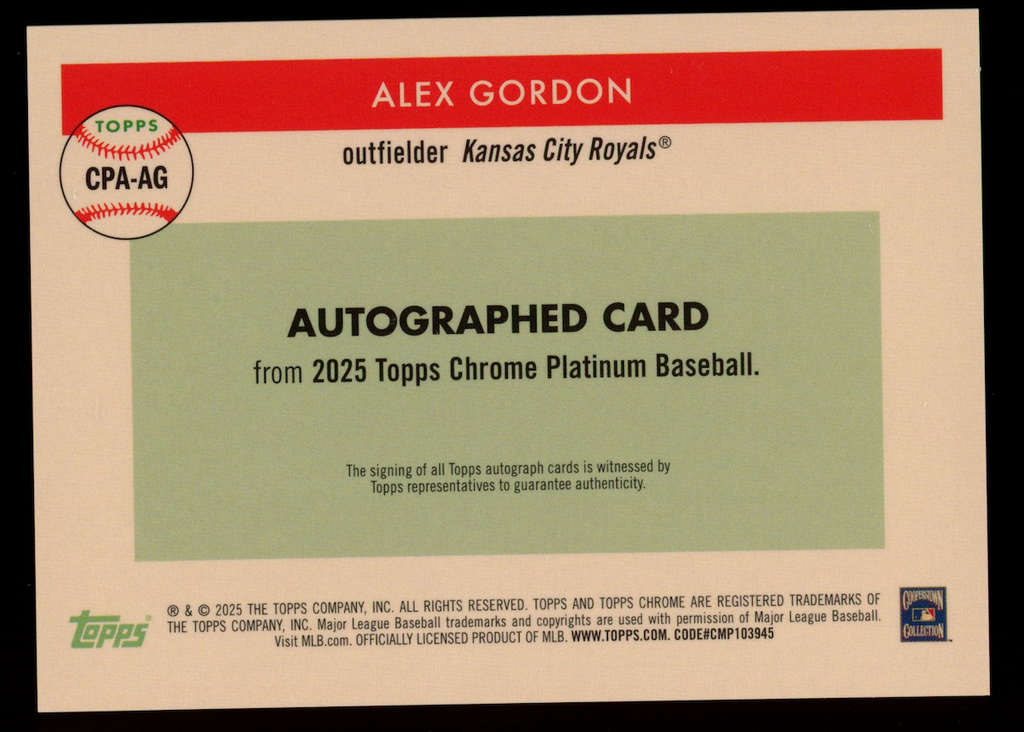 ALEX GORDON 2025 Topps Chrome Platinum Blue Toile Auto /99 #CPA-AG Royals