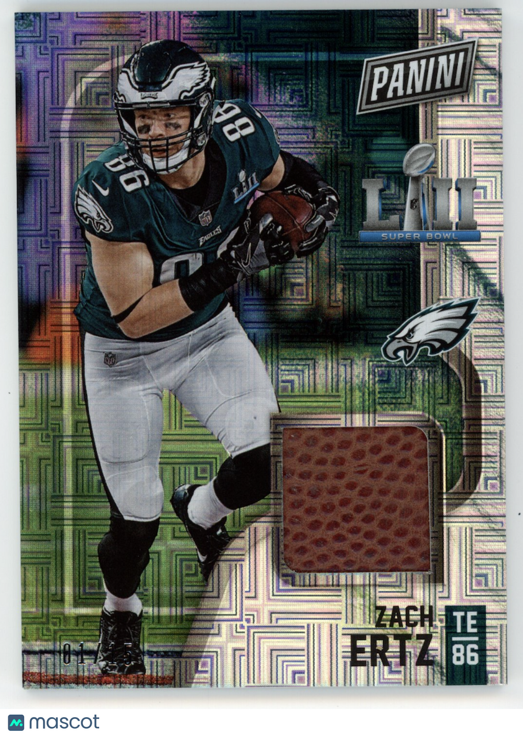 ZACH ERTZ 2018 Panini Black Friday Super Bowl LII Game Used Patch /15 #7 Eagles