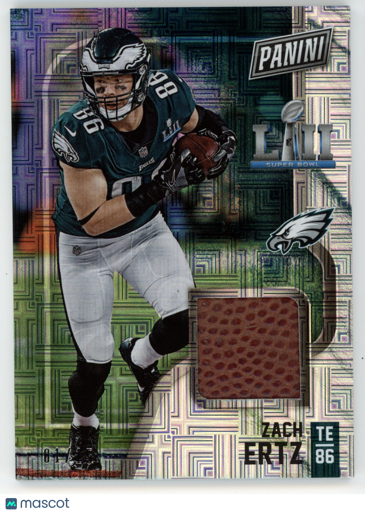 ZACH ERTZ 2018 Panini Black Friday Super Bowl LII Game Used Patch /15 #7 Eagles