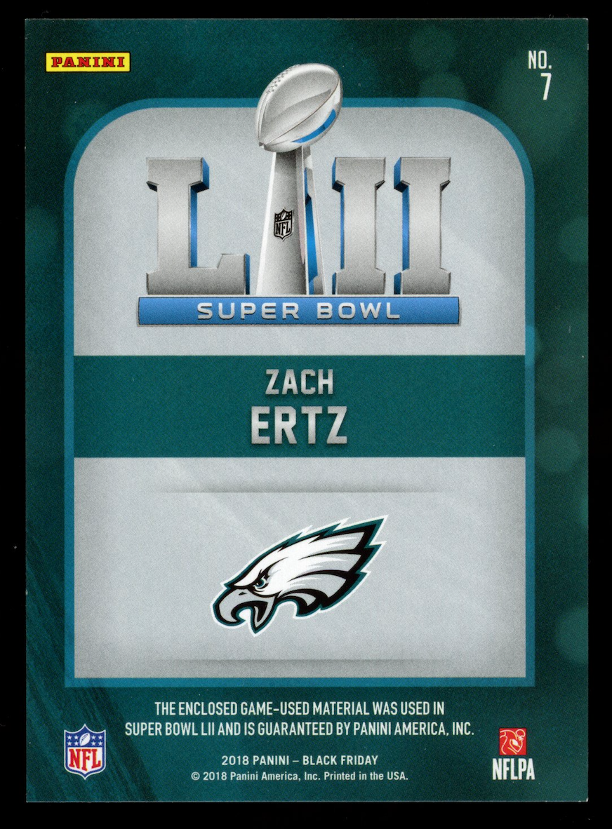 ZACH ERTZ 2018 Panini Black Friday Super Bowl LII Game Used Patch /15 #7 Eagles