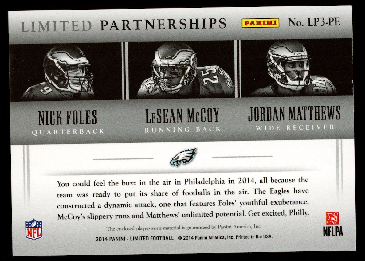 NICK FOLES LESEAN MCCOY JORDAN MATTHEWS 2014 Limited Triple Patch /75 Eagles