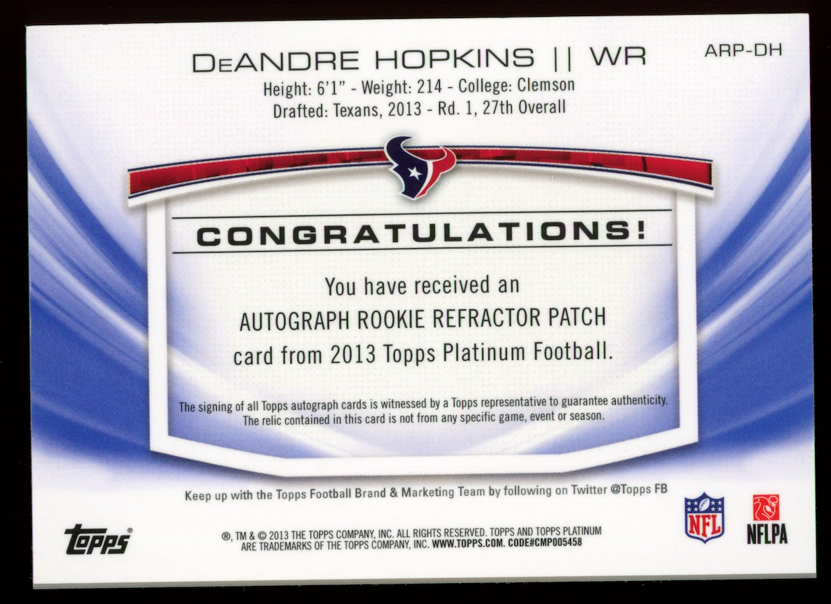 DEANDRE HOPKINS 2013 Topps Platinum Rookie Patch Auto Blue /125 #ARP-DH Texans