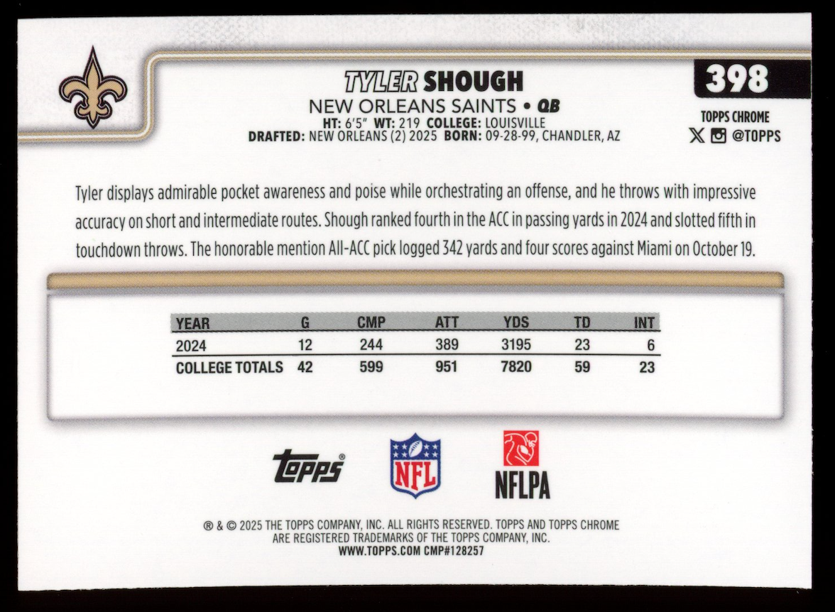 TYLER SHOUGH 2025 Topps Chrome Rookie True Blue Refractor /150 #398 Saints