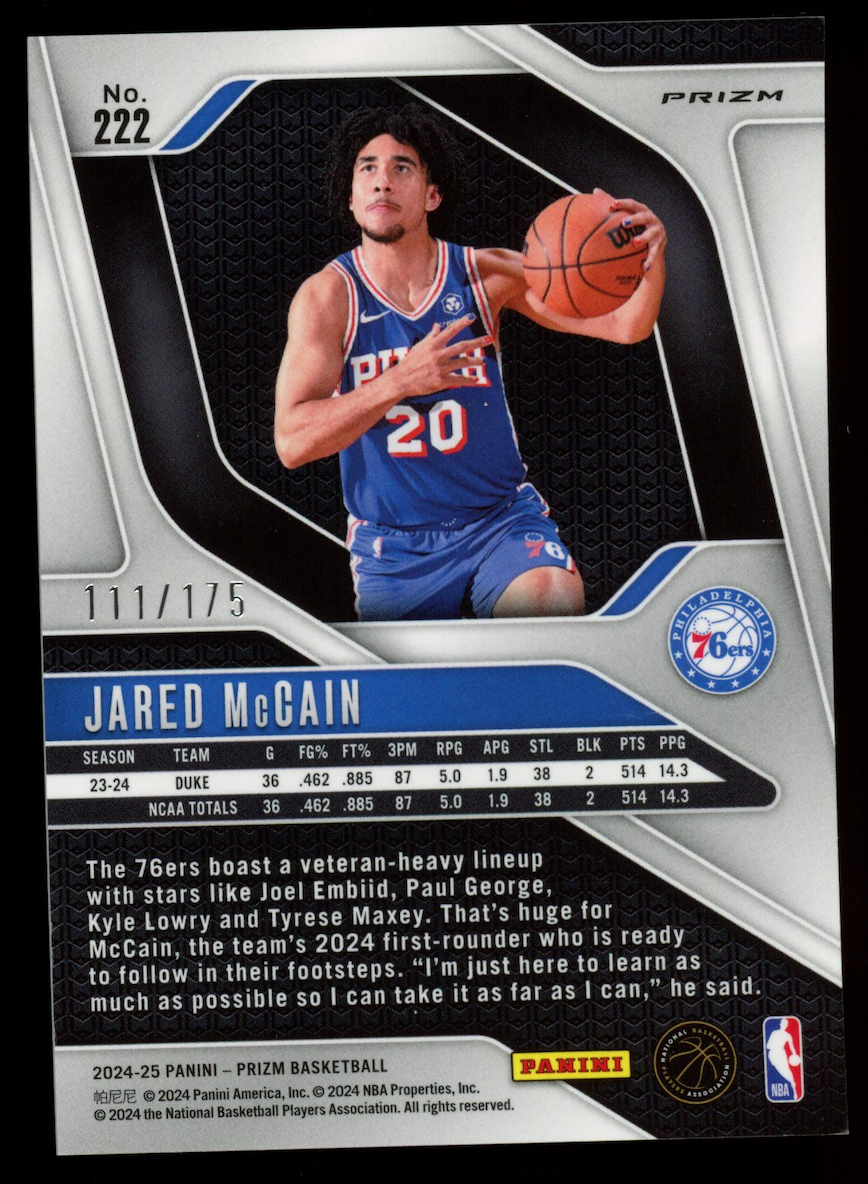 JARED MCCAIN 2024-25 Panini Prizm Rookie White Prizm /175 #222 76ers