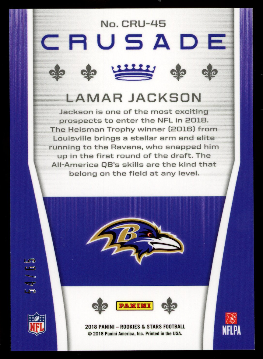 LAMAR JACKSON 2018 Panini Rookies & Stars RC Crusade Purple /65 #CRU-45 Ravens