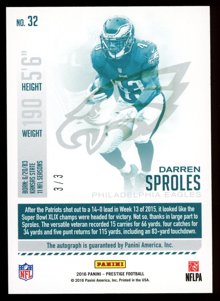 DARREN SPROLES 2016 Panini Prestige Xtra Points Auto Platinum /3 #32 Eagles