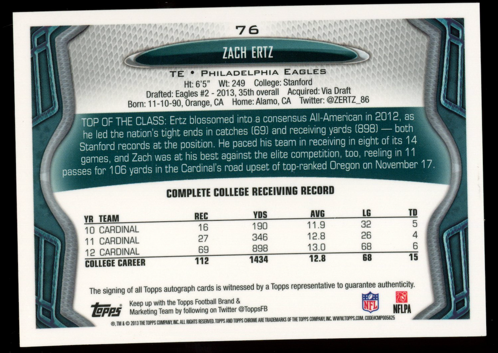 ZACH ERTZ 2013 Topps Chrome Rookie Auto Image Variation Refractor SSP #76 Eagles