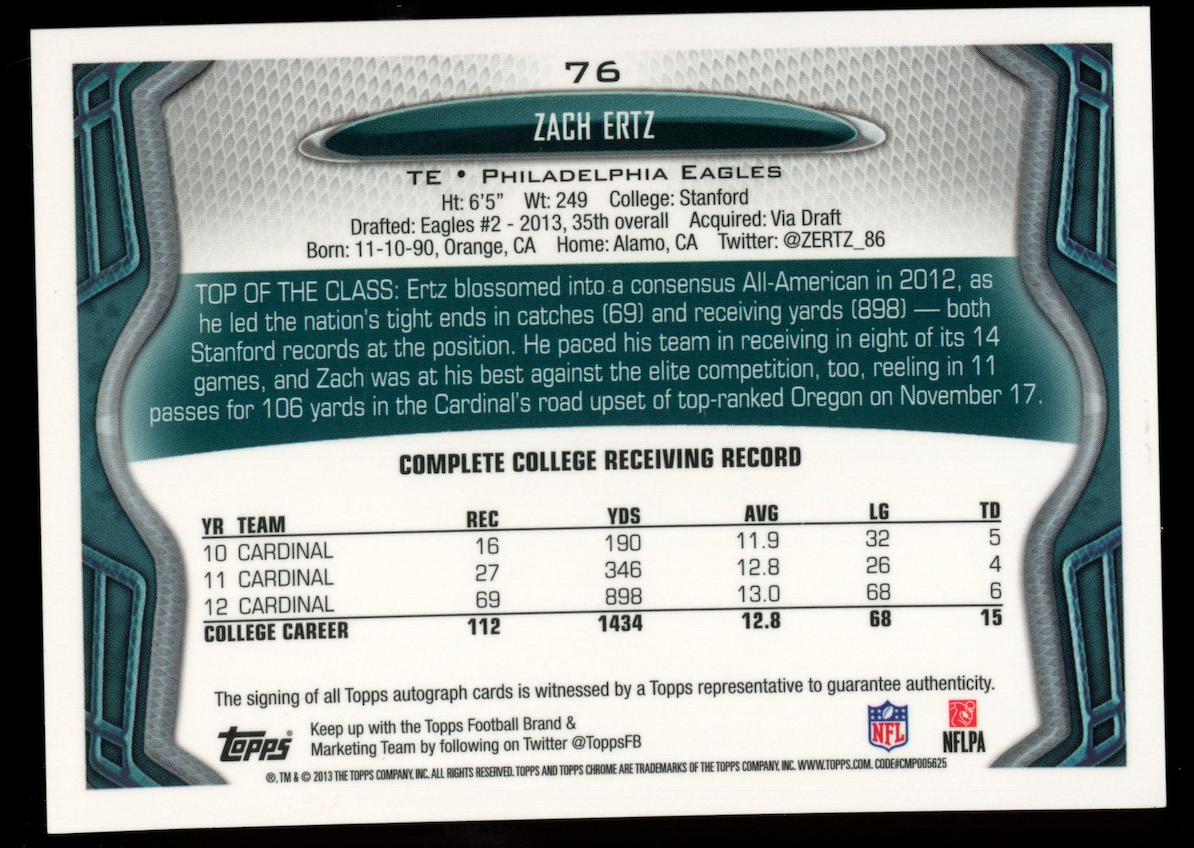 ZACH ERTZ 2013 Topps Chrome Rookie Auto Image Variation Refractor SSP #76 Eagles