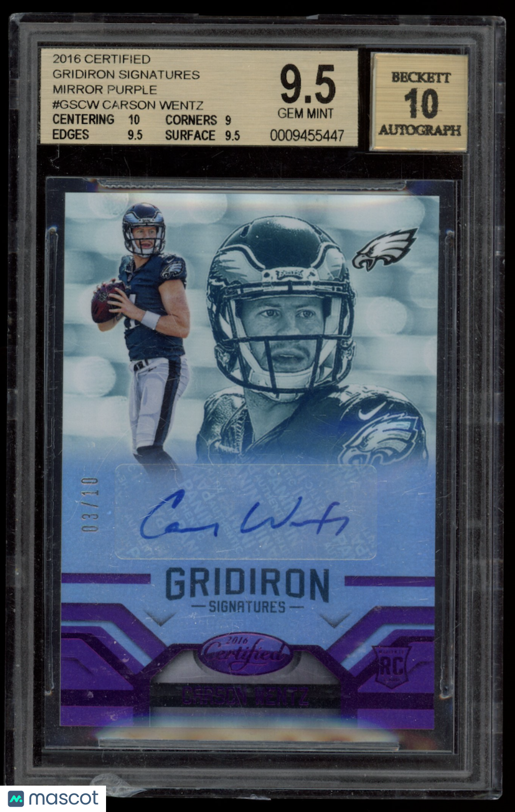 CARSON WENTZ 2016 Panini Certified Gridiron Signatures Purple Auto /10 BGS 9.5