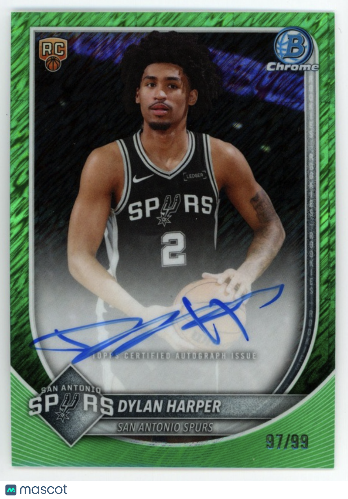 DYLAN HARPER 2025-26 Bowman Chrome Green Shimmer Rookie Auto /99 #BCA-DH Spurs