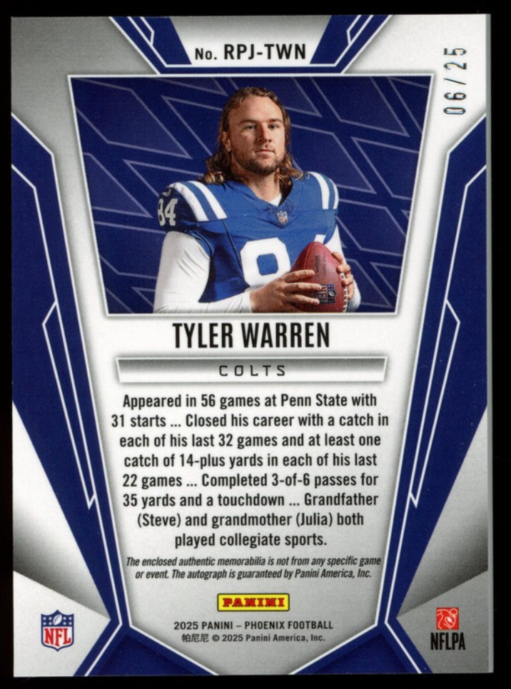 TYLER WARREN 2025 Panini Phoenix Rookie Phenom Patch Auto Color Burst /25 Colts