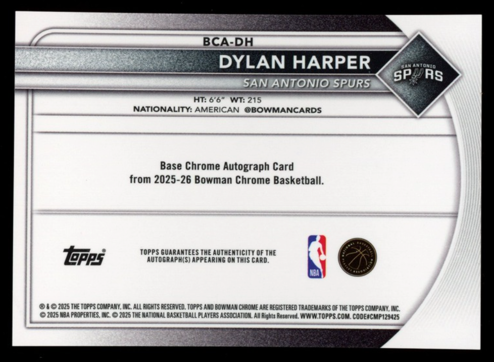 DYLAN HARPER 2025-26 Bowman Chrome Green Shimmer Rookie Auto /99 #BCA-DH Spurs