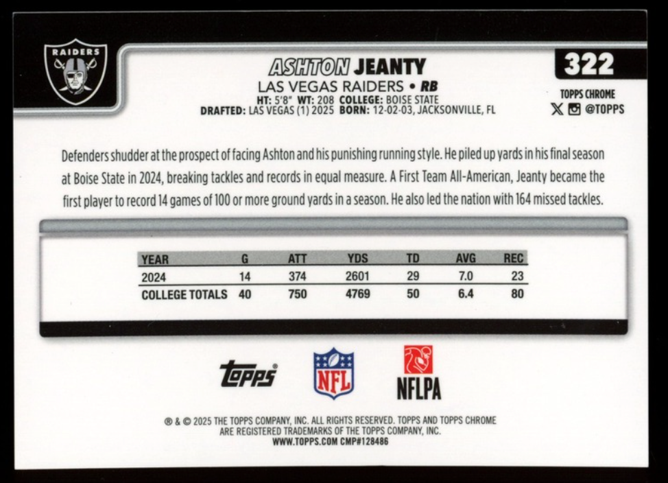 ASHTON JEANTY 2025 Topps Chrome Rookie Image Variation Green Refractor /99 #322
