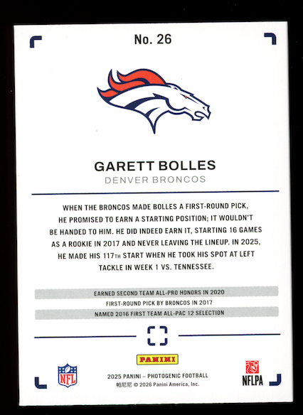 GARRETT BOLLES 2025 Panini Photogenic Green Parallel /25 #26 Broncos
