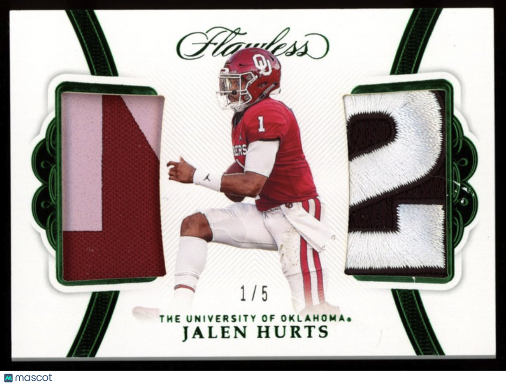 JALEN HURTS 2020 Panini Flawless Collegiate RC Dual Patch Emerald /5 #20 Sooners