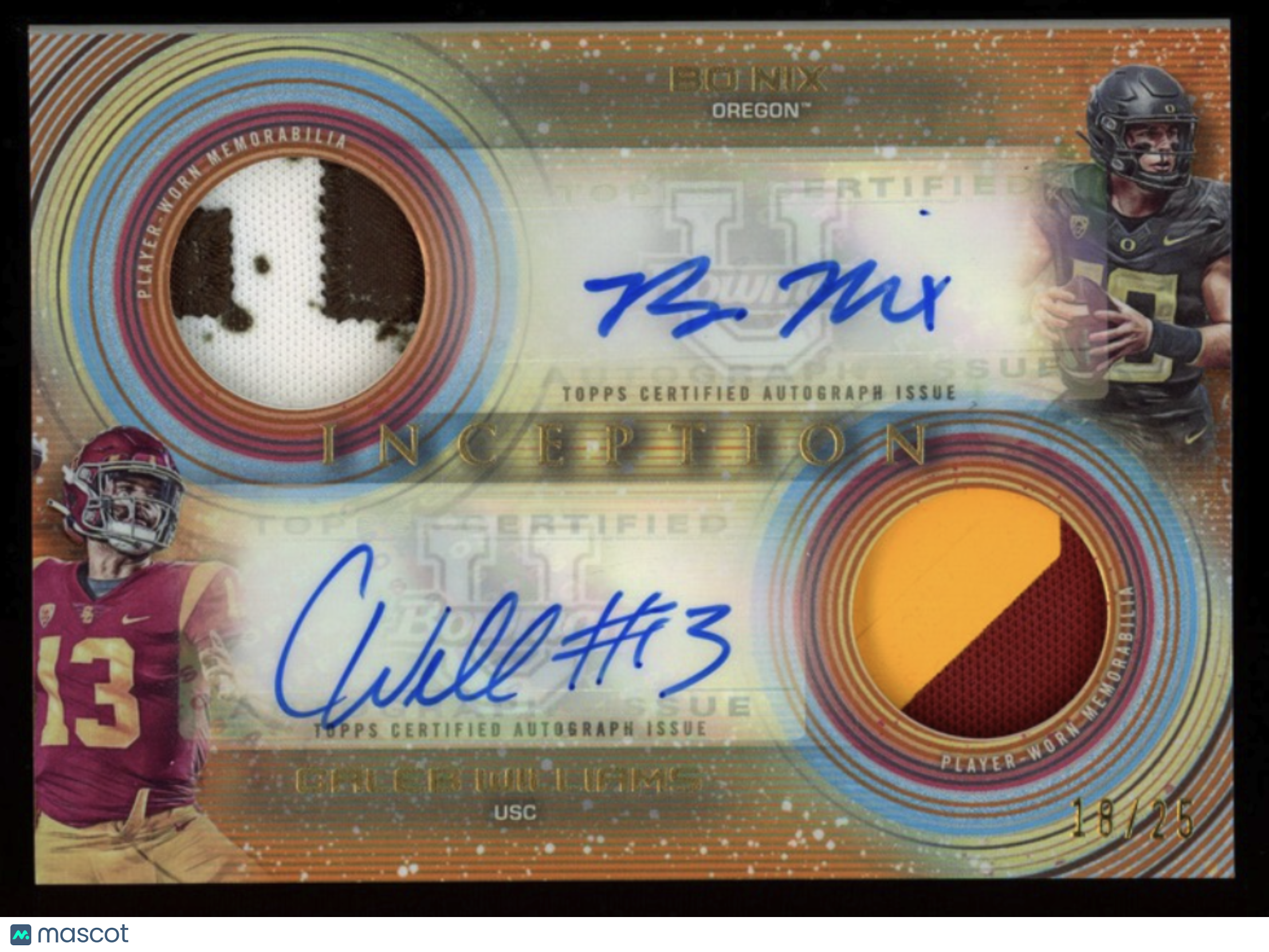 BO NIX CALEB WILLIAMS 2023 Bowman U Inception Dual Patch Auto Orange /25 #DADRNW