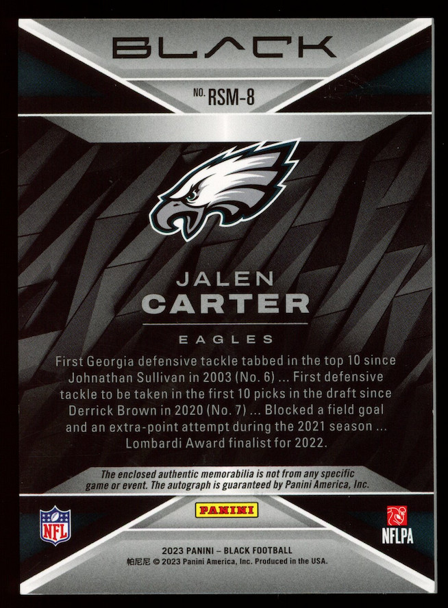 JALEN CARTER 2023 Panini Black Rookie Dual Patch Auto /99 #RSM-8 Eagles