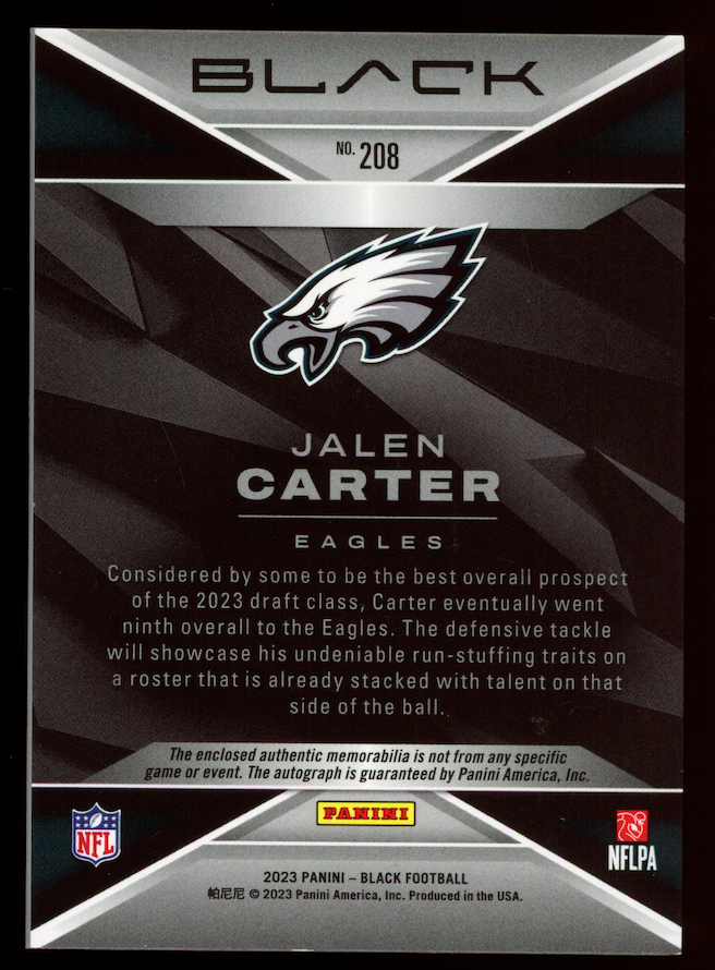 JALEN CARTER 2023 Panini Black Rookie Jumbo Patch Auto /199 #208 Eagles