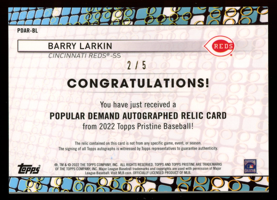 BARRY LARKIN 2022 Topps Pristine Popular Demand Patch Auto Red /5 #PDAR-BL Reds