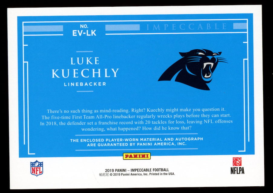 LUKE KUECHLY 2019 Panini Impeccable Elegance Patch Auto /75 #EV-LK Panthers