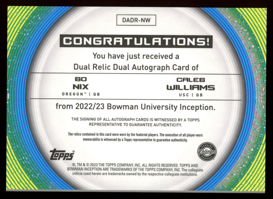 BO NIX CALEB WILLIAMS 2023 Bowman U Inception Dual Patch Auto Orange /25 #DADRNW