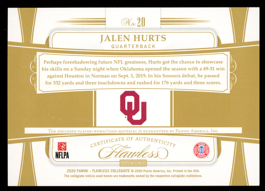 JALEN HURTS 2020 Panini Flawless Collegiate RC Dual Patch Emerald /5 #20 Sooners