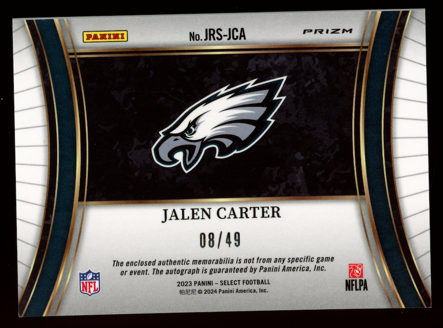 JALEN CARTER 2023 Panini Select Rookie Patch Auto Copper /49 #JRS-JCA Eagles