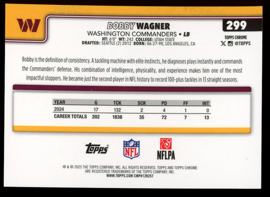 BOBBY WAGNER 2025 Topps Chrome Black Lava Refractor /10 SSP #299 Commanders