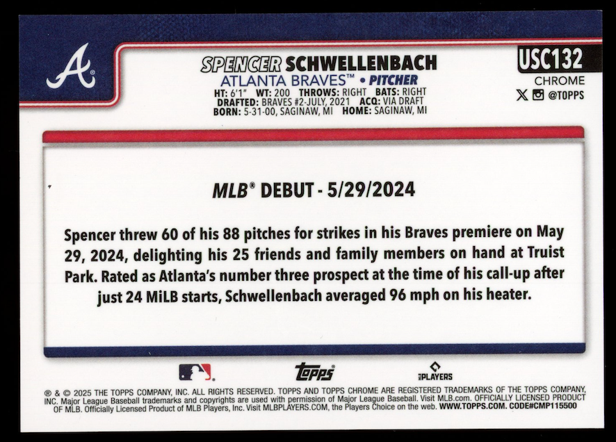 SPENCER SCHWELLENBACH 2025 Topps Chrome Update Sapphire Rookie Black /10 #USC132