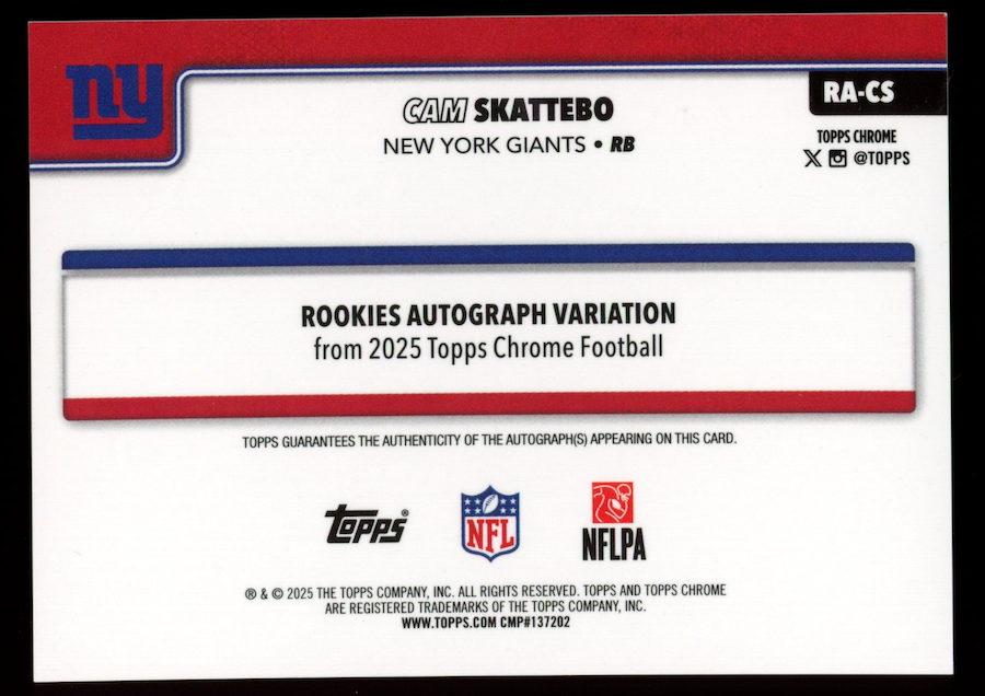 CAM SKATTEBO 2025 Topps Chrome Rookie Auto Green Lava /99 #RA-CS Giants