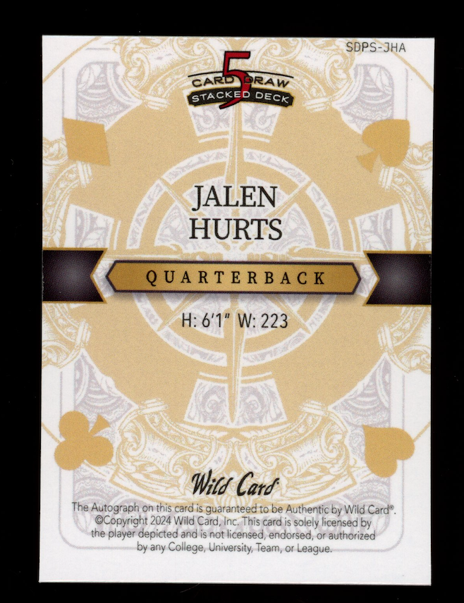 JALEN HURTS 2024 Wild Card 5 Card Draw Stacked Deck Rainbow 1/1 Auto #SDPS-JHA
