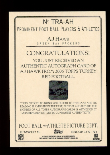 A.J. HAWK 2006 Topps Turkey Red Rookie Auto #TRA-AH Packers