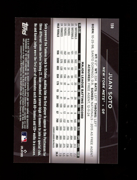 JUAN SOTO 2025 Topps Chrome Black Gold Refractor /50 #130 Mets