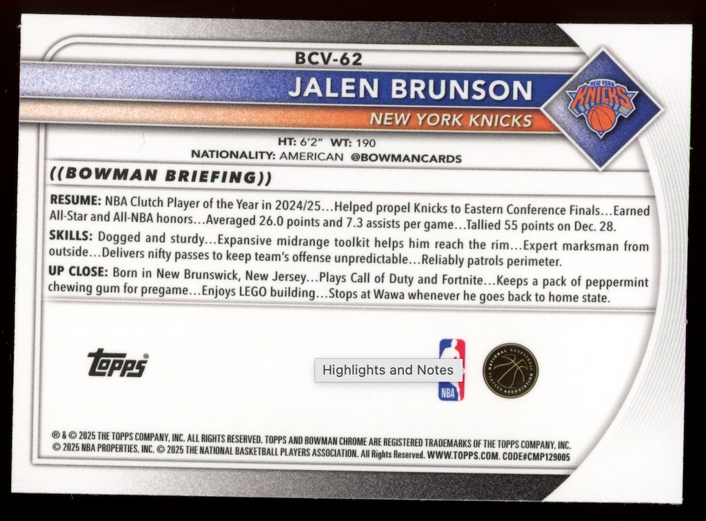 JALEN BRUNSON 2025-26 Bowman Chrome Blue Reptilian /150 #BCV-62 Knicks