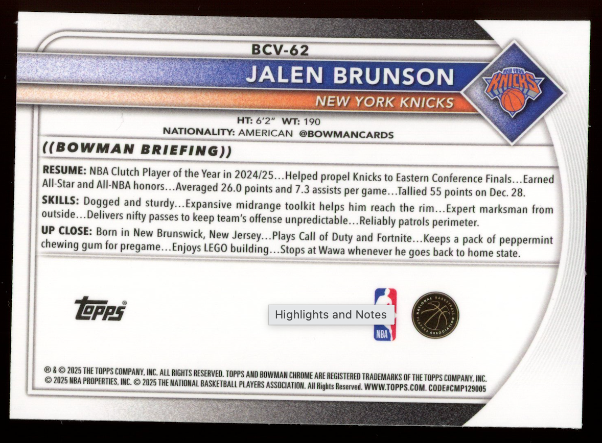 JALEN BRUNSON 2025-26 Bowman Chrome Blue Reptilian /150 #BCV-62 Knicks