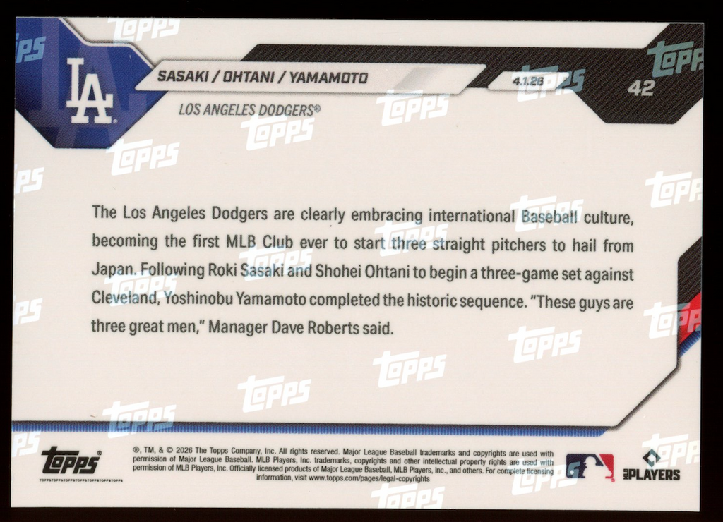 ROKI SASAKI SHOHEI OHTANI YOSHINOBU YAMAMOTO 2026 Topps Now Black /10 #42