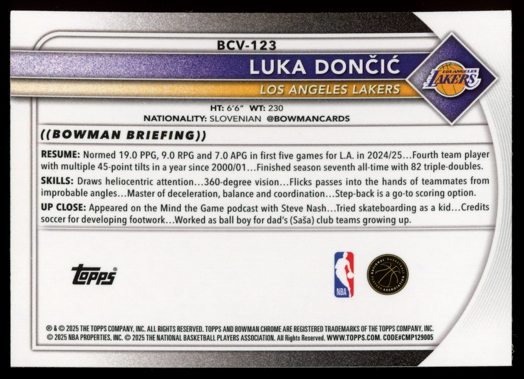 LUKA DONCIC 2025-26 Bowman Chrome Variation Yellow Refractor /75 #BCV-123 Lakers