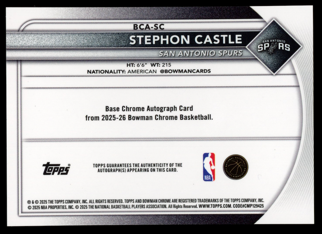 STEPHON CASTLE 2025-26 Bowman Chrome Auto Geometric Refractor #BCA-SC Spurs