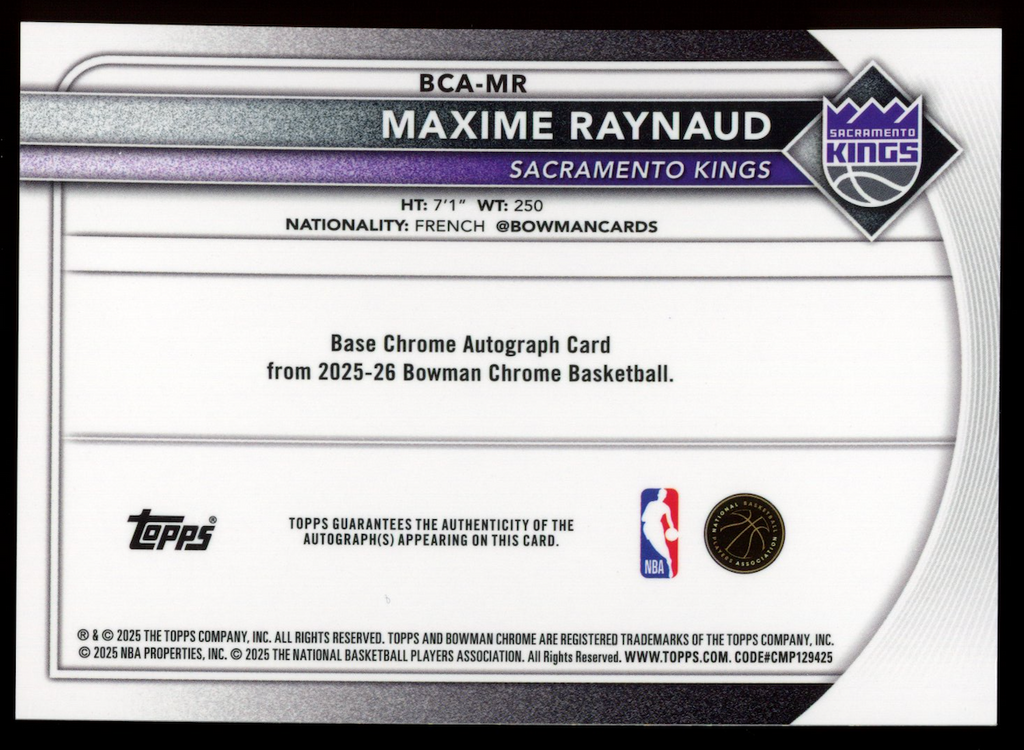 MAXIME RAYNAUD 2025-26 Bowman Chrome Gold Geometric Rookie Auto /50 #BCA-MR