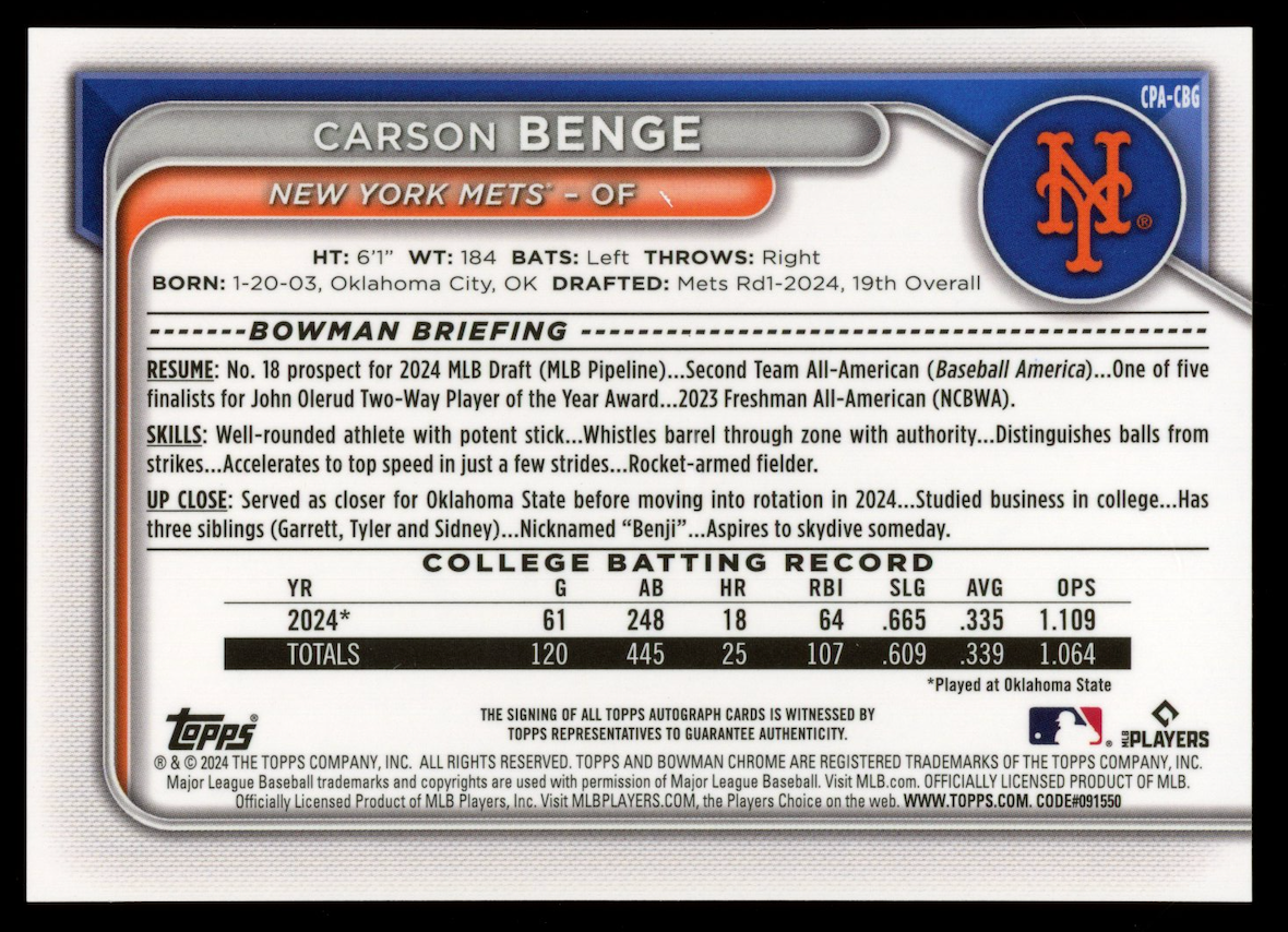 CARSON BENGE 2024 Bowman Chrome 1st Prospect Auto #CPA-CBG Mets