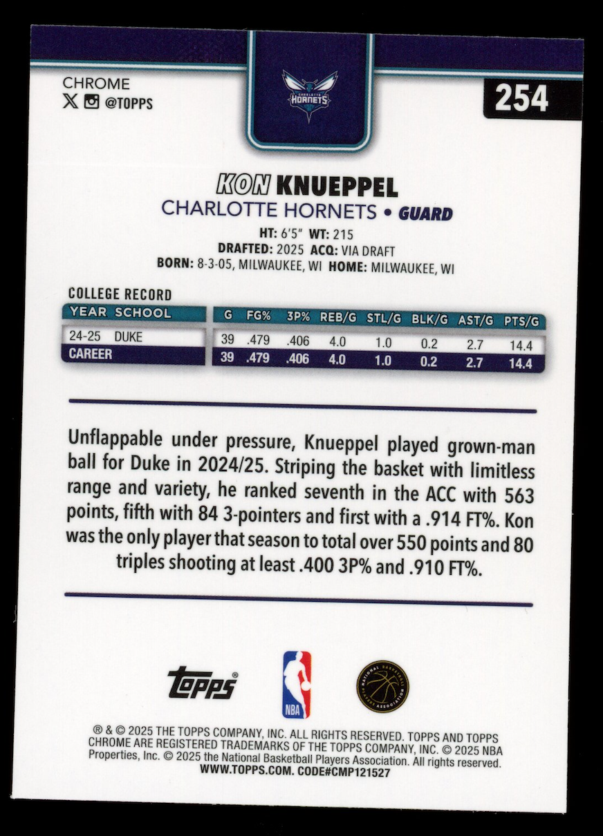 KON KNUEPPEL 2025-26 Topps Chrome X-Fractor Rookie #254 Hornets